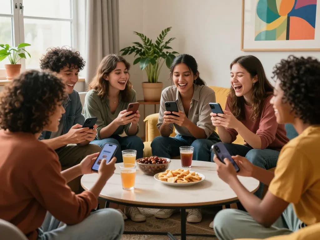 Group of friends enjoying spicy chat in a cozy setting with warm light and snacks