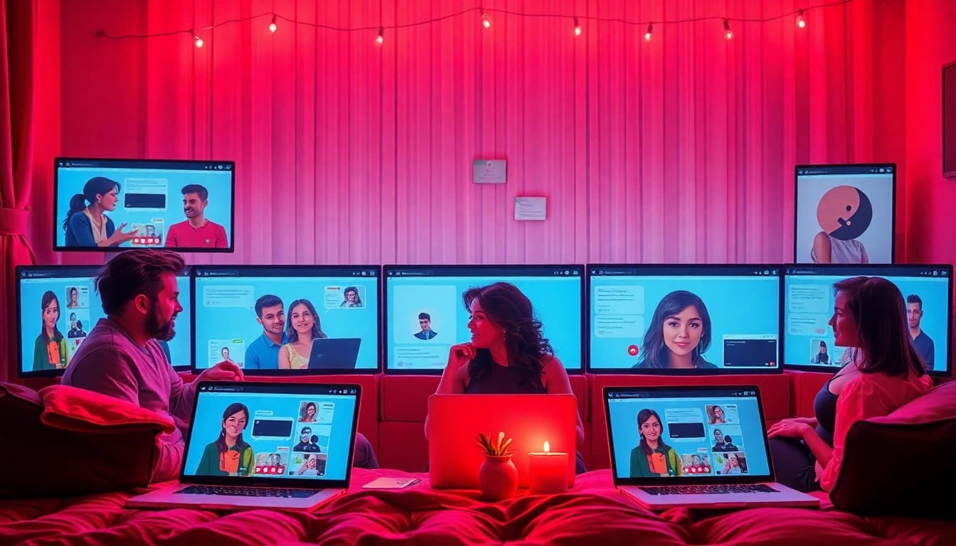 Exciting sexchat scene with diverse characters in a cozy digital chat room atmosphere.
