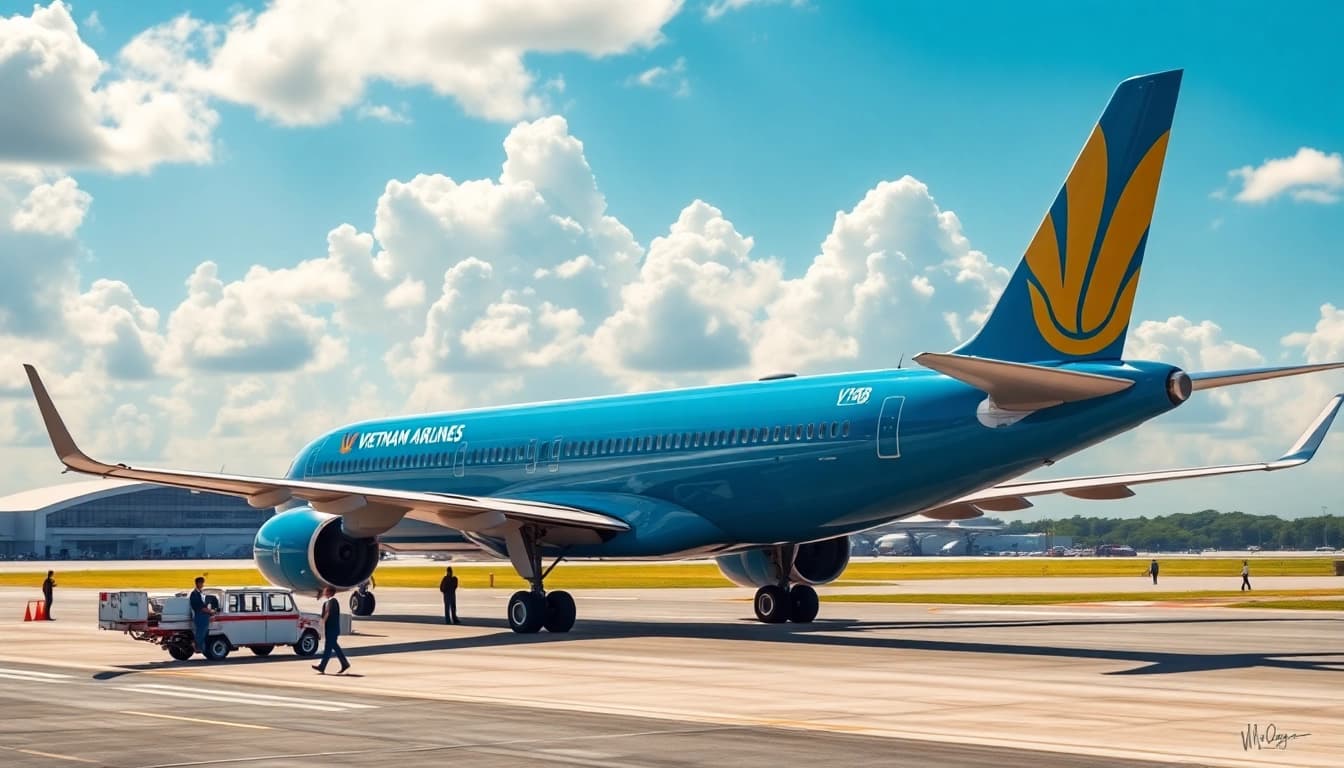 VN168 Vietnam Airlines aircraft taking off at a vibrant airport scene, showcasing professionalism and travel excitement.