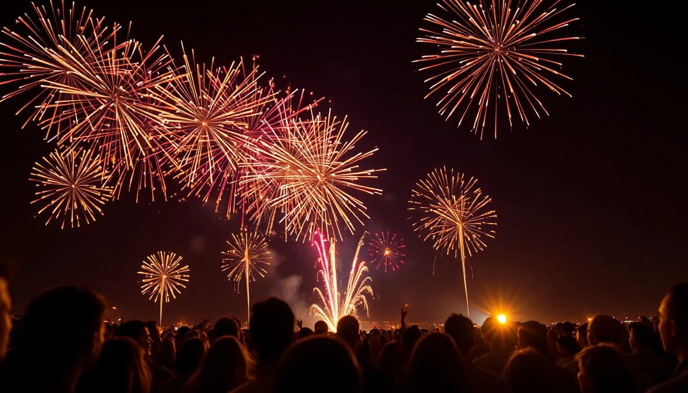 Witnessing spectacular diamond fireworks lighting up the night sky with vibrant colors.