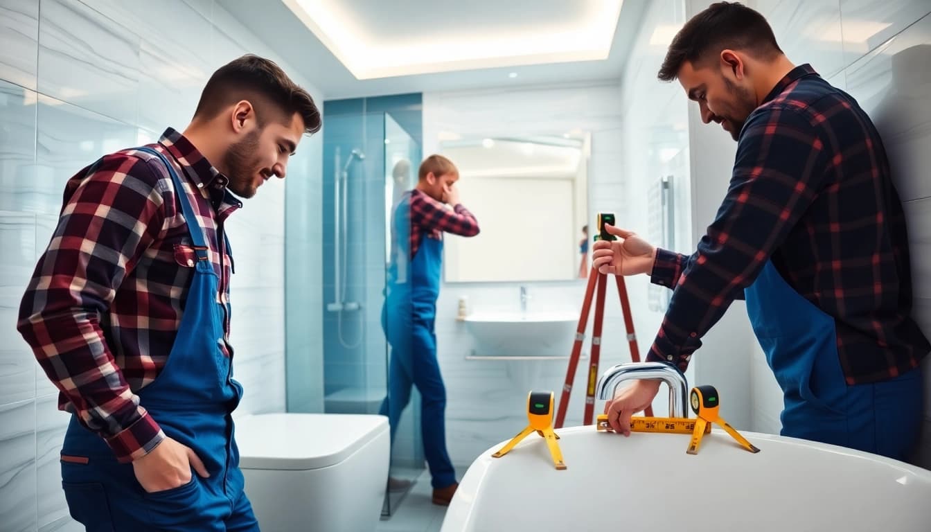 Manchester bathroom fitters installing stylish fixtures in a modern bathroom.