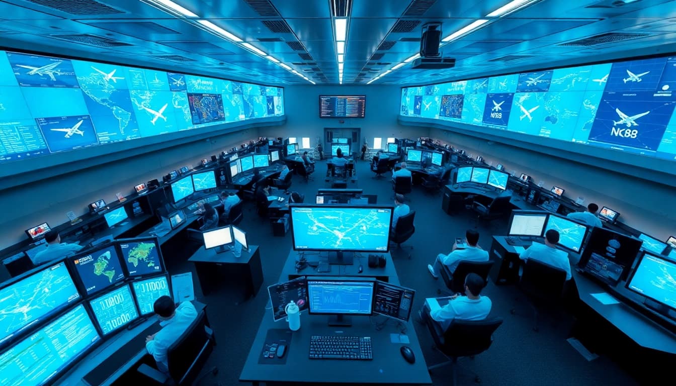 Real-time air traffic control operations with NK88 flight data displayed prominently.