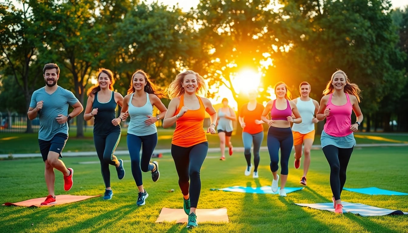 Group of individuals engaged in weight loss activities in a sunny park, promoting health and fitness.