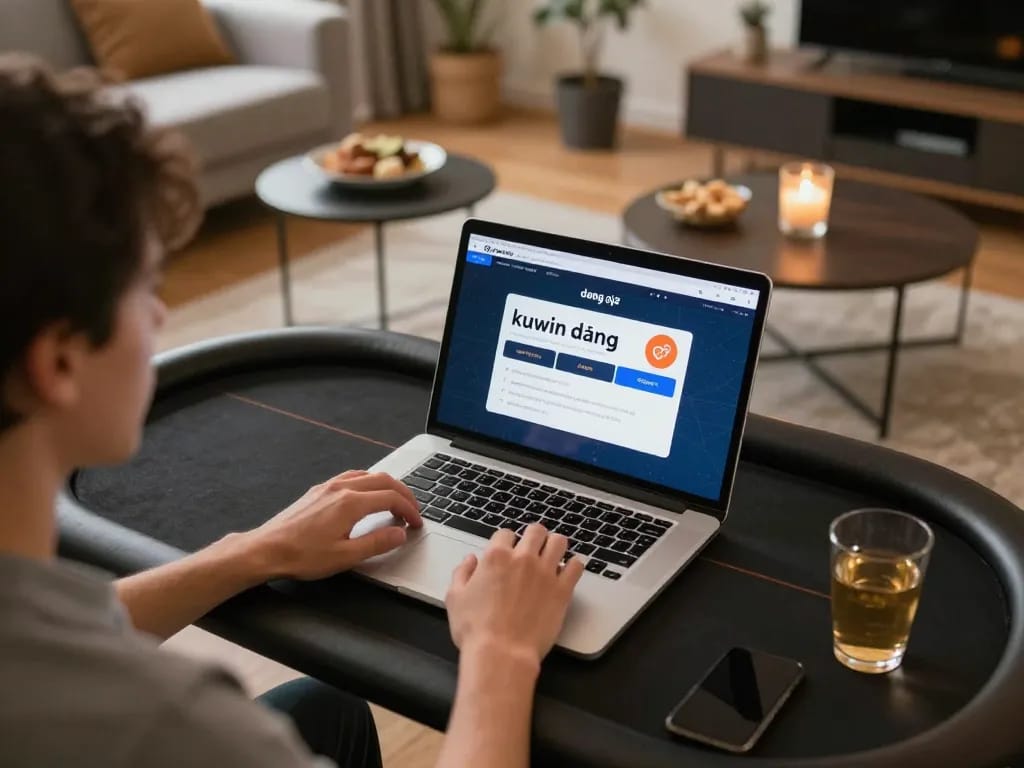Kuwin đăng nhập on a laptop, showcasing online gaming in a cozy home setting with refreshments.
