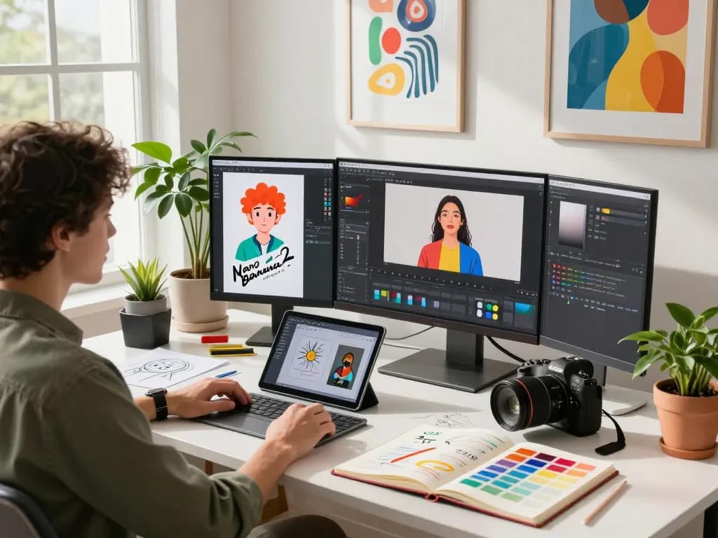 Designer using the Nano Banana 2 AI image editor in a vibrant digital studio