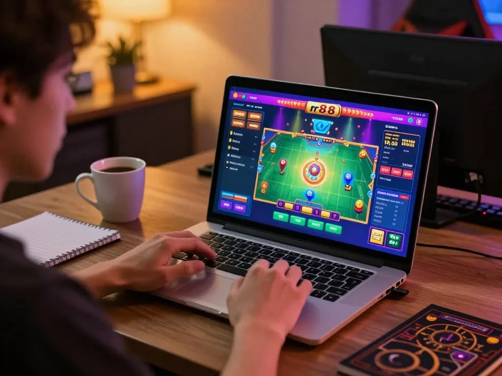 Engaging with rr88 casino on a laptop, showcasing an online gaming atmosphere.