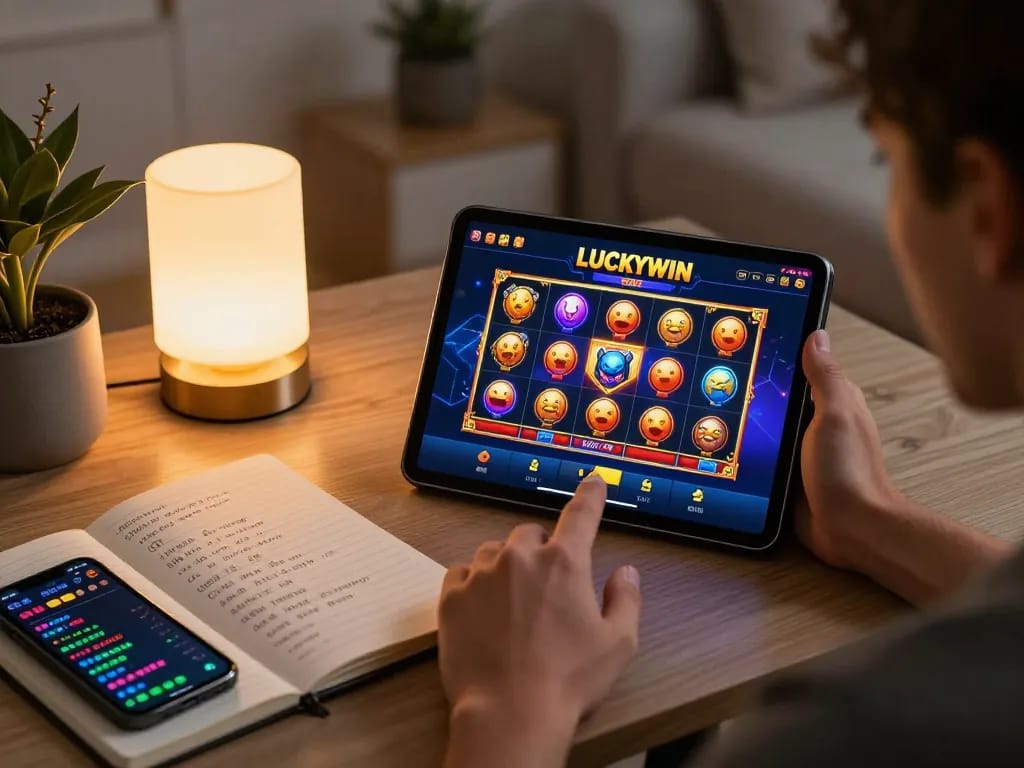 LUCKYWIN app interface displayed on tablet, showcasing vibrant slot game visuals in cozy gaming setup.