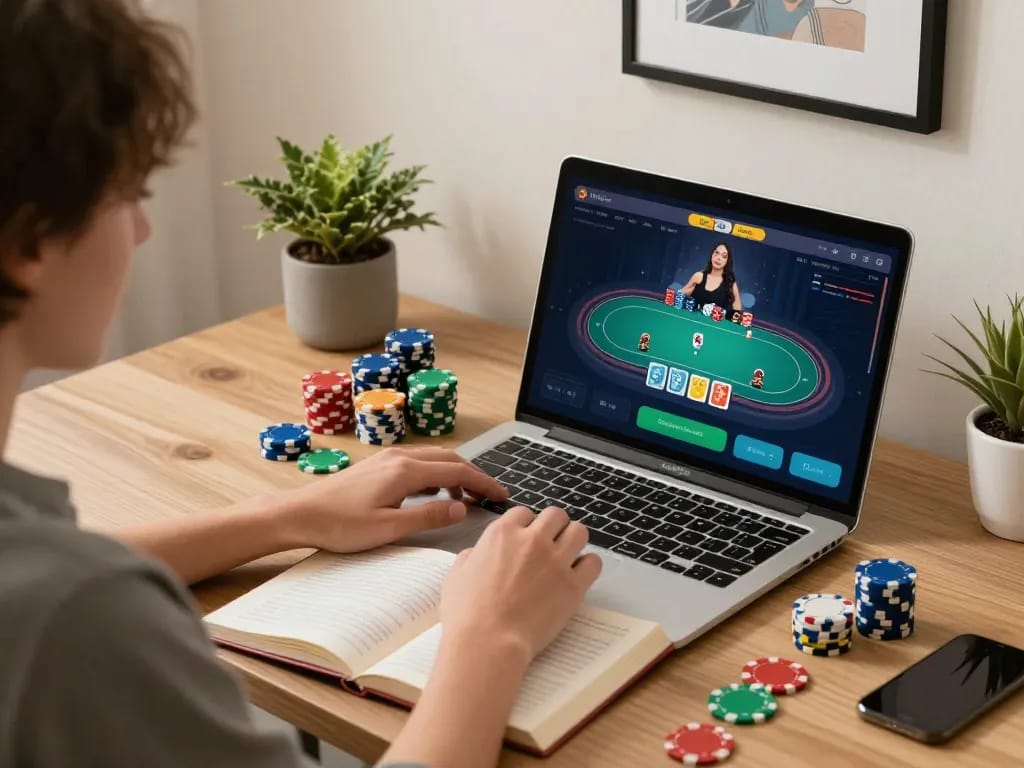 HB88 player strategizing poker bets at home with chips and laptop interface.