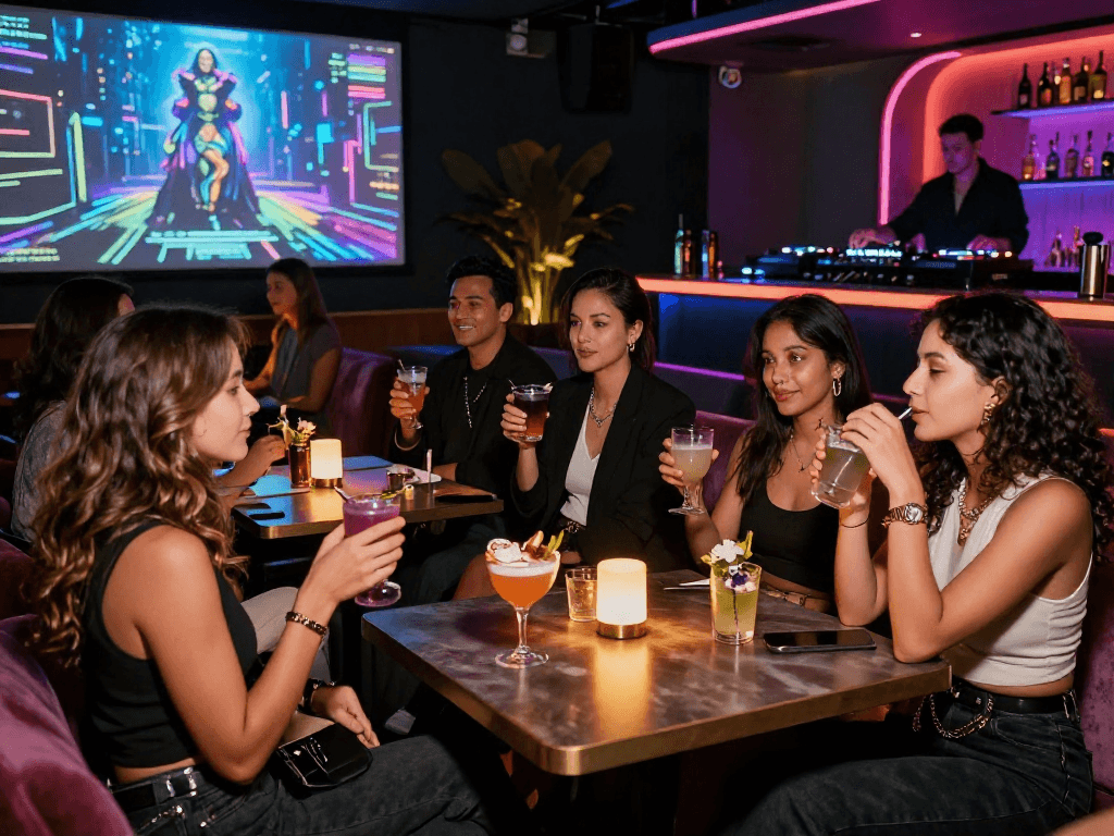 Group of friends enjoying AI-infused adult entertainment in a trendy bar, showcasing vibrant nightlife and cocktails, complementing the theme of ai nsfw.