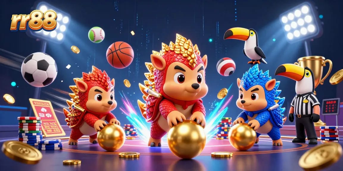 Rival pangolins compete at rr88, bowling through poker chips in a vibrant casino setting.