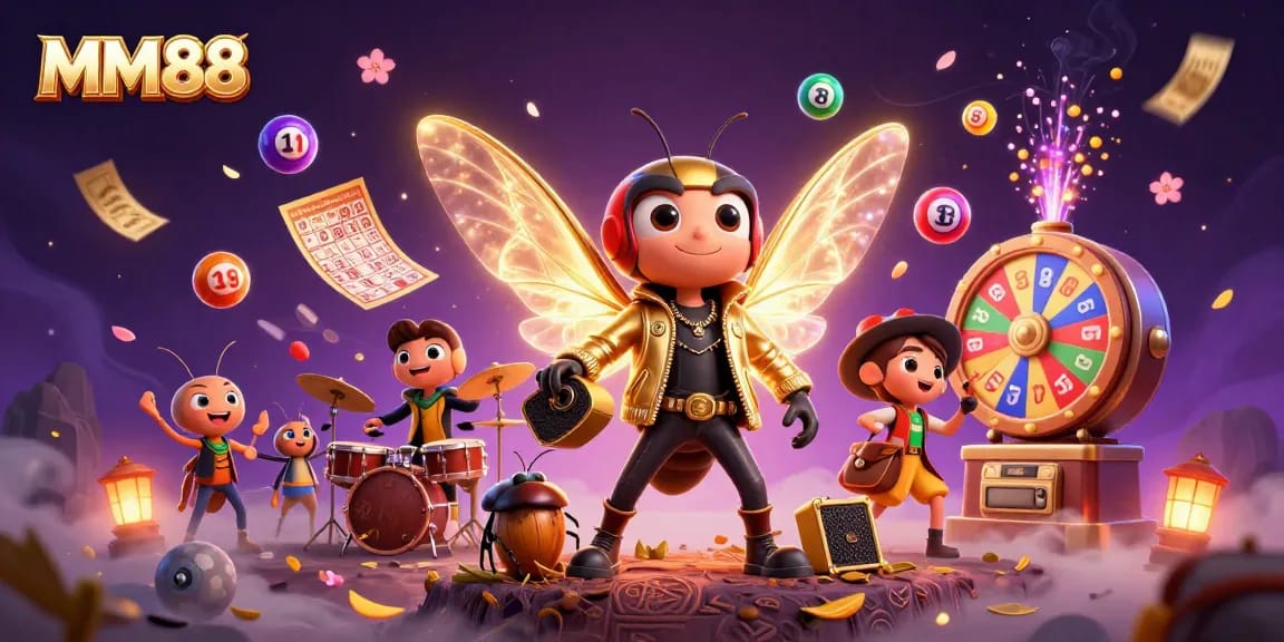 Engage with MM88's vibrant gaming scene featuring a 3D rock star and colorful lottery elements.