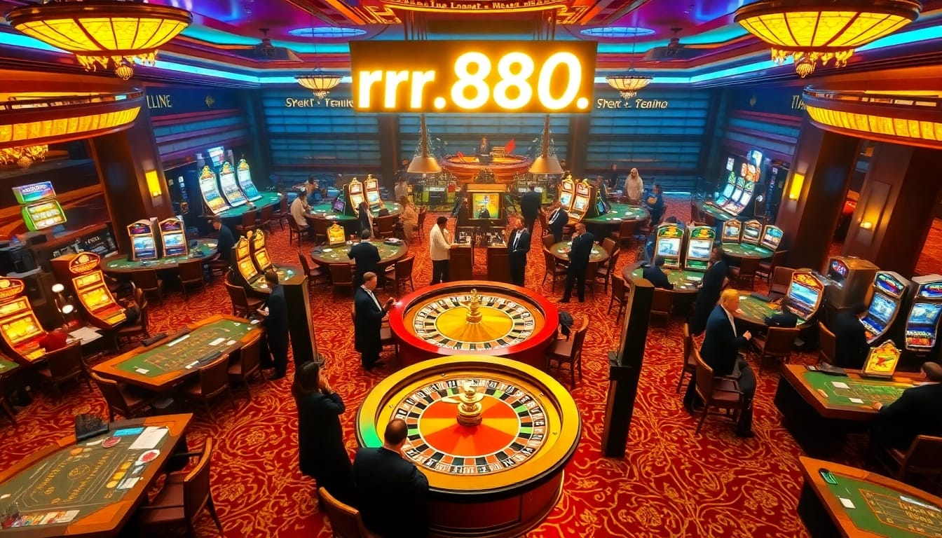 Experience the thrill of casino gaming at https://rr888.video/, featuring vibrant roulette tables, players, and slot machines.