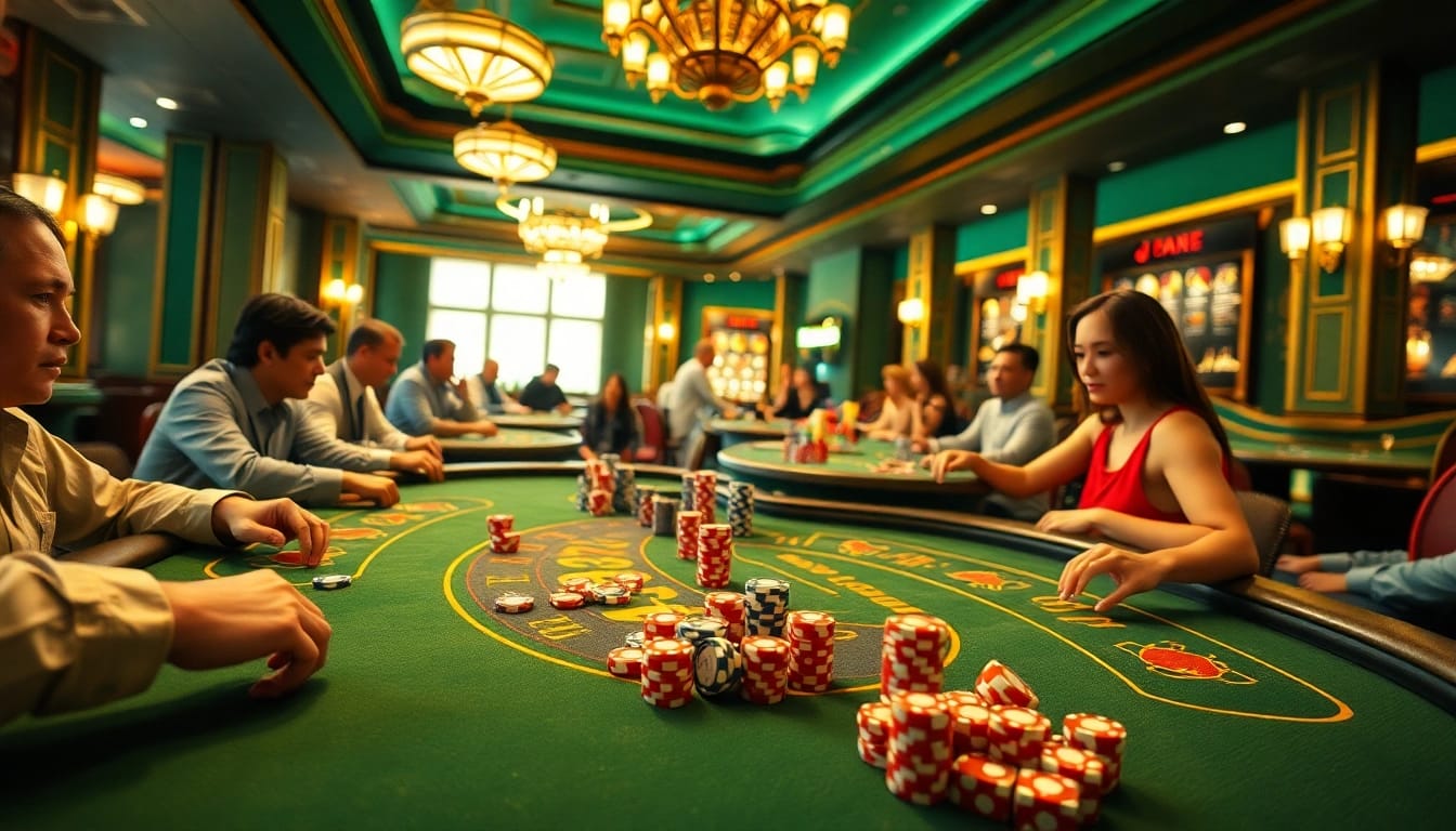 Excited players enjoying game bài đổi thưởng at vibrant casino tables.