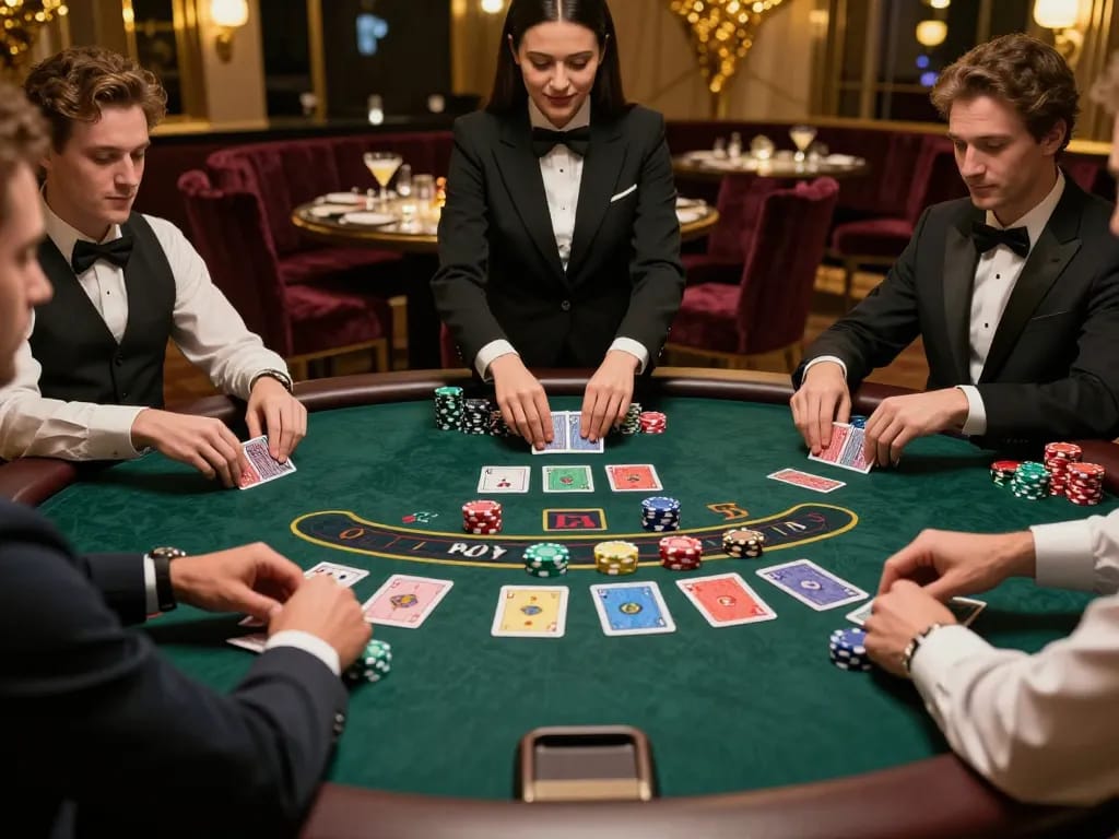Players at an upscale blackjack table strategizing in KK55 casino environment.