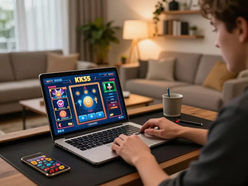 Player engaging with KK55 com on a laptop, showcasing online casino excitement at home.
