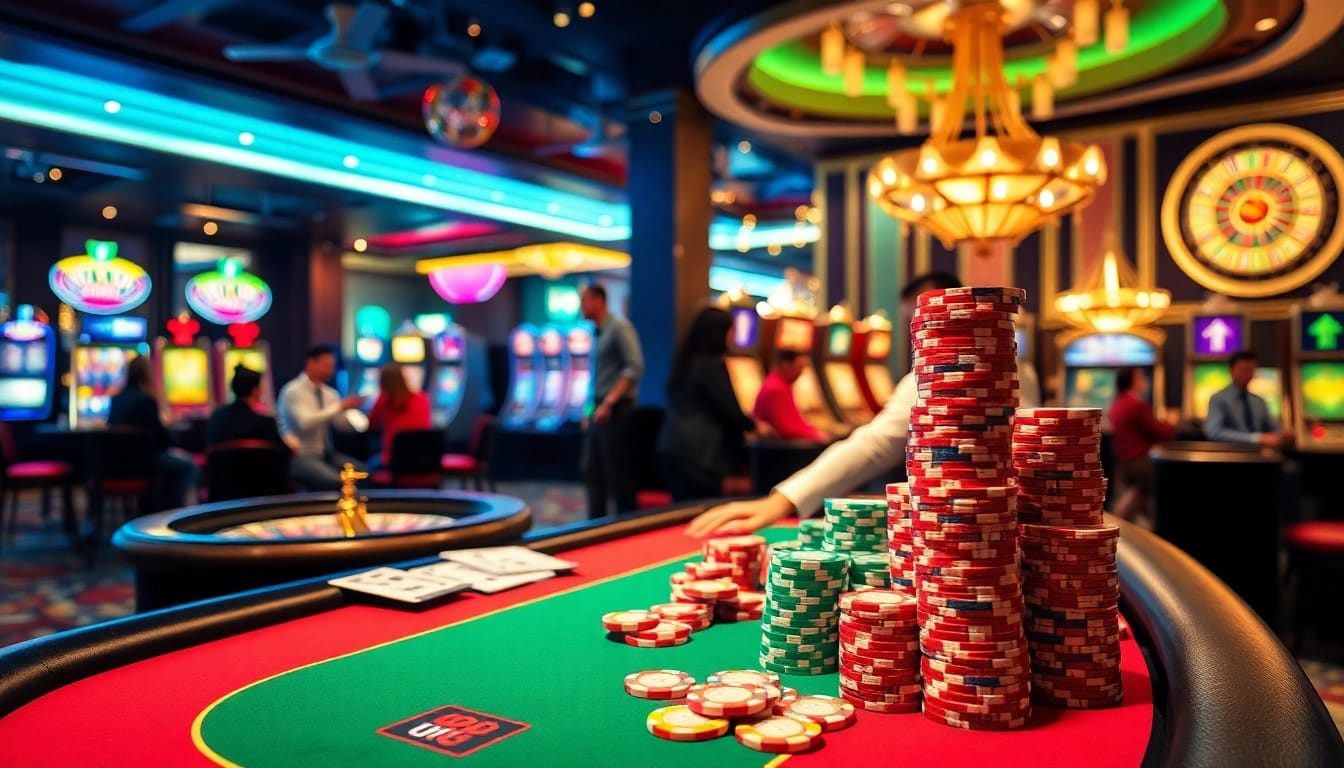 UU88 gaming scene featuring poker chips, cards, and a roulette wheel, conveying excitement.