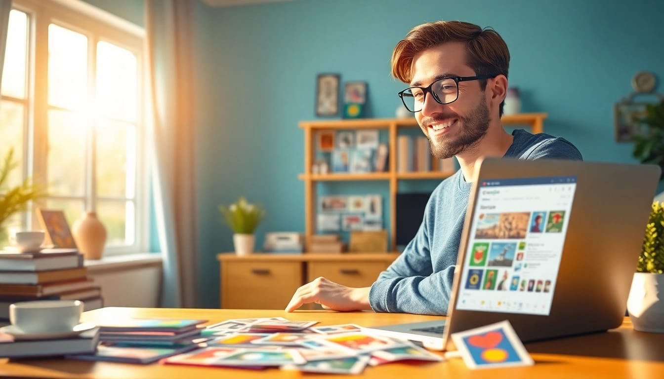 Buy stamps online easily with a colorful selection displayed on a welcoming home office desk.