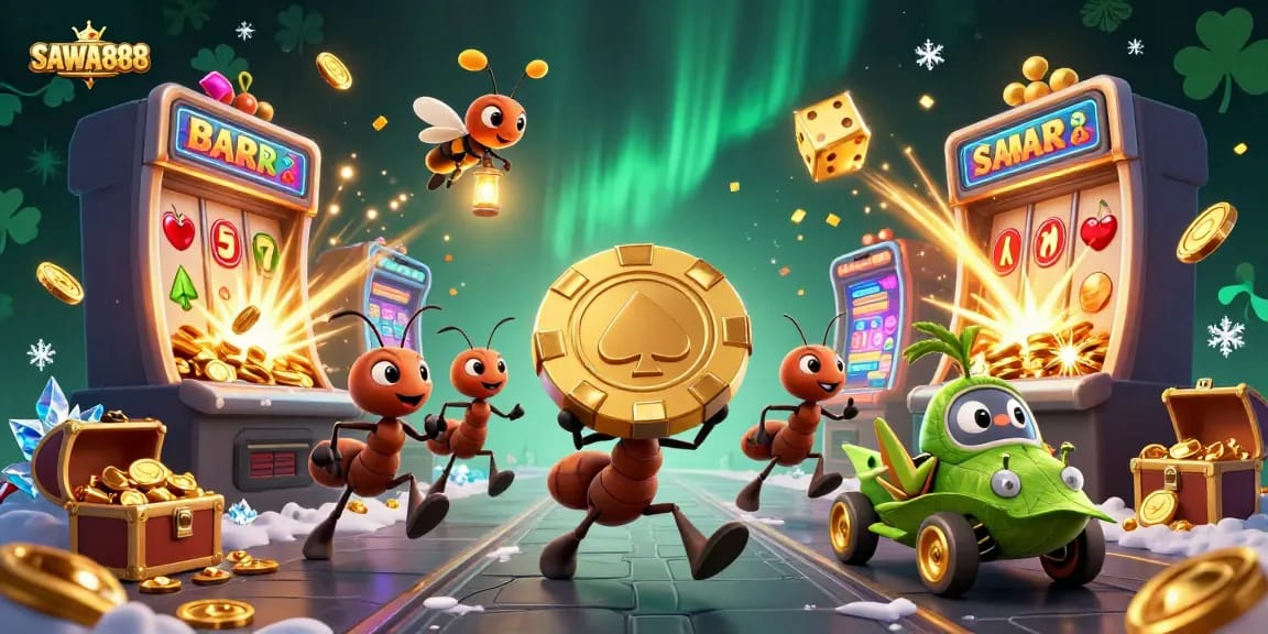 SAWA888 teams of ants and characters running a heist in a colorful, action-packed casino scene with vibrant game elements.