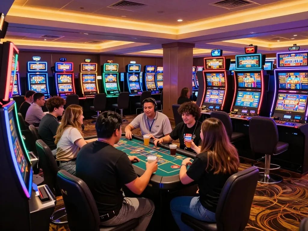 Players enjoying their time at 86bet's lively slot machine section, vibrant atmosphere.