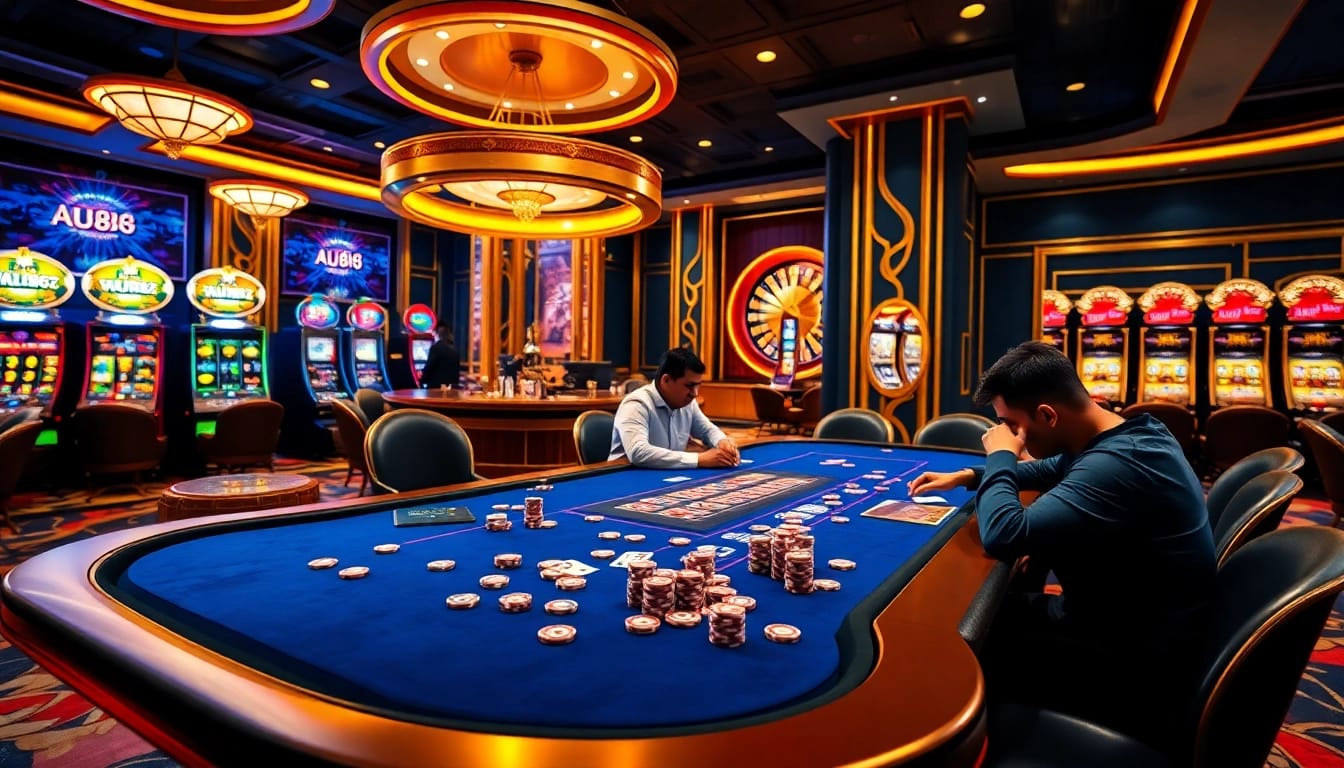 Experience the excitement of AU88 with players enjoying poker at a luxurious casino table.
