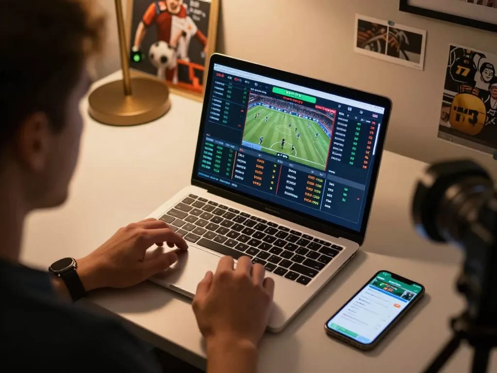 Engaging in open88 bet while checking sports odds on laptop in modern home office.