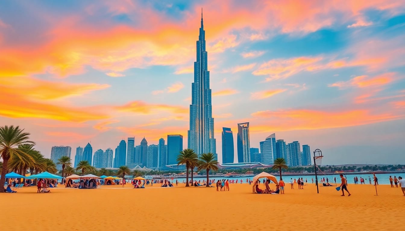 Experience the breathtaking view while traveling to Dubai, highlighting the stunning Burj Khalifa at sunset.