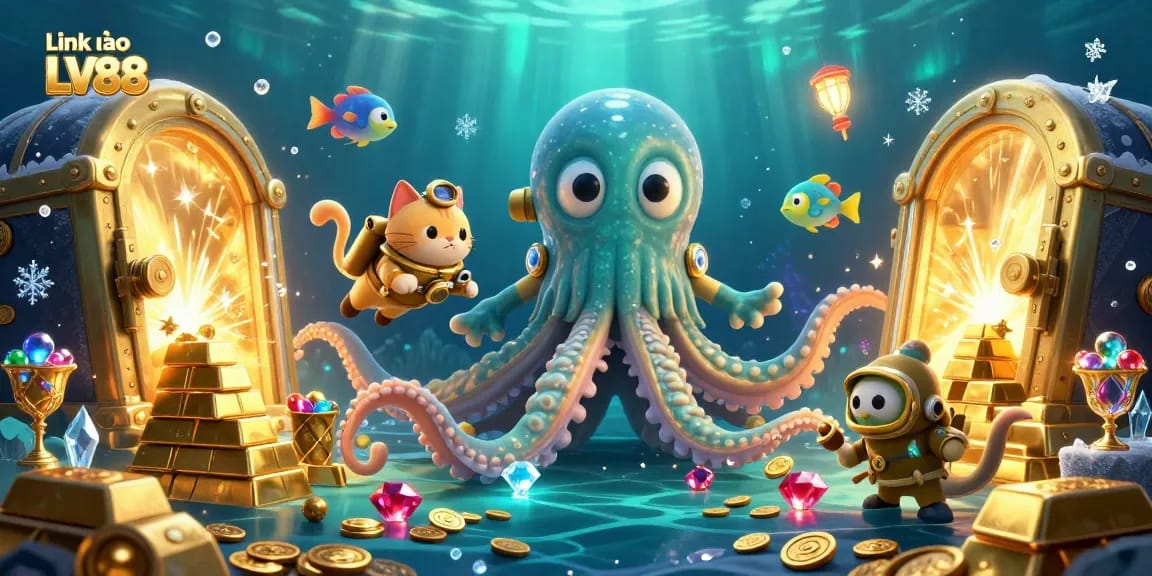 Engage with Link vào LV88 in this vibrant 3D casino scene featuring exciting underwater treasures.