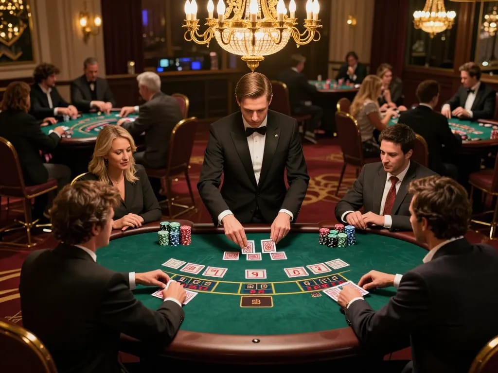 88AA players strategizing at a live blackjack table in a luxurious casino environment