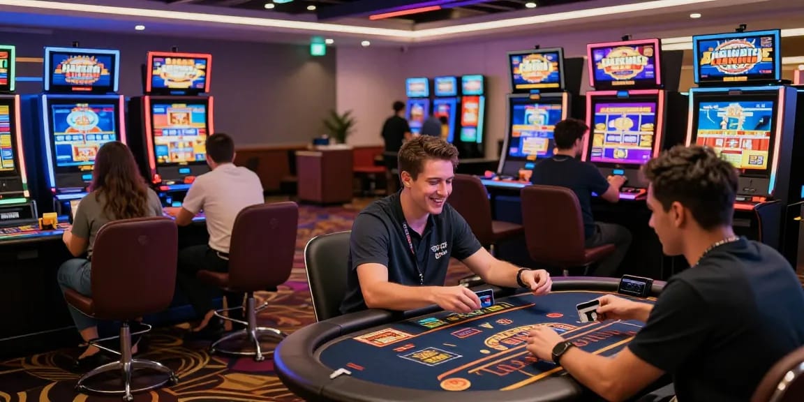 Exciting scene at credit card casino sites with players using cards for deposits while enjoying various games in a vibrant atmosphere.