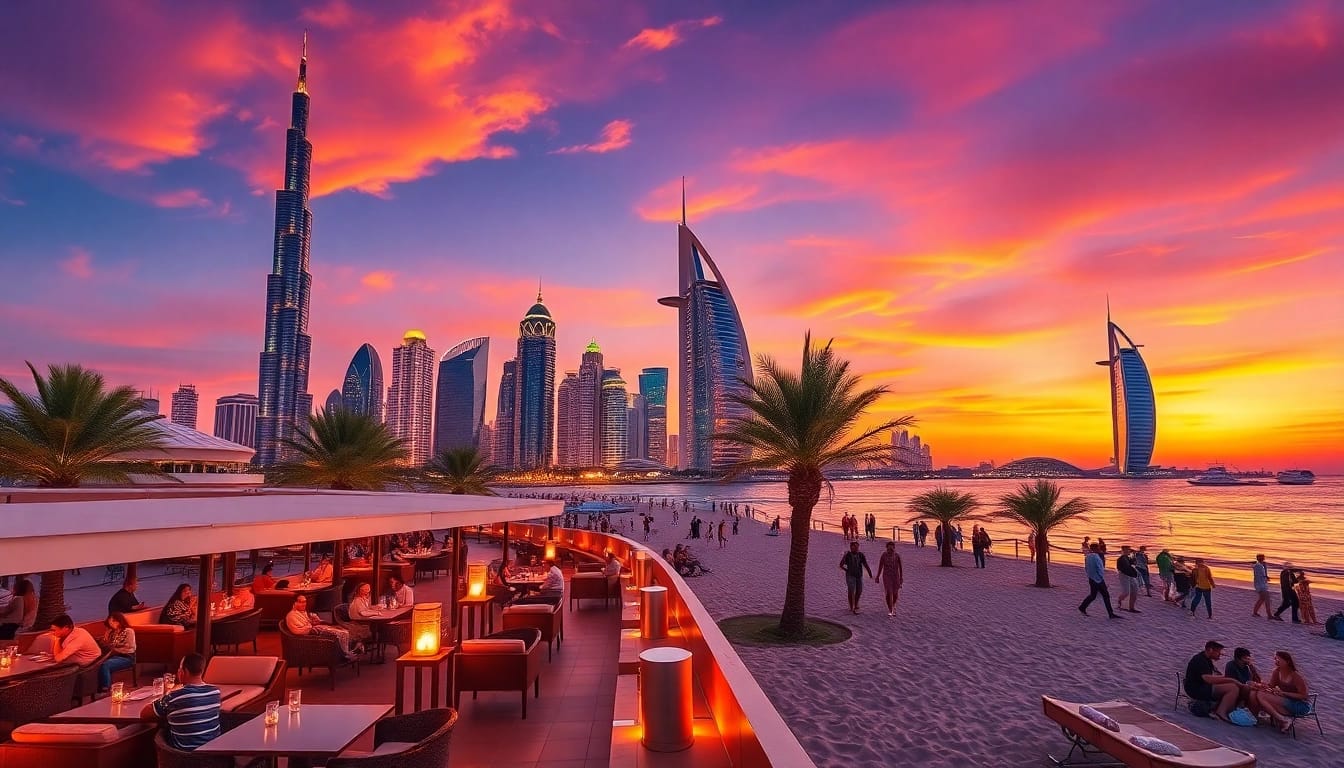 Experience the breathtaking Dubai skyline at sunset while enjoying travel to Dubai from a beachside cafe.