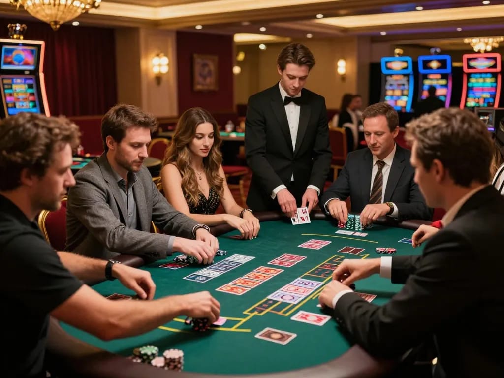 Players strategizing at blackjack table in a luxurious casino, showcasing game bài đổi thưởng uy tín for 2026.