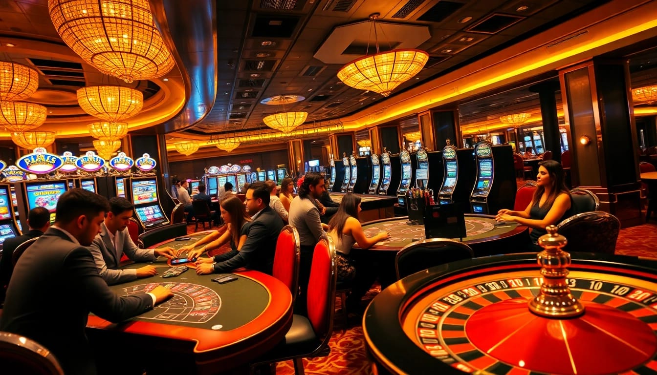 GG88 players enjoying a thrilling casino experience with poker tables and vibrant slot machines.