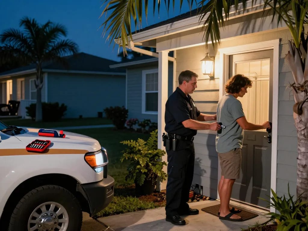 Emergency locksmith Jensen Beach assisting homeowner in distress, showcasing professionalism and urgency in service.