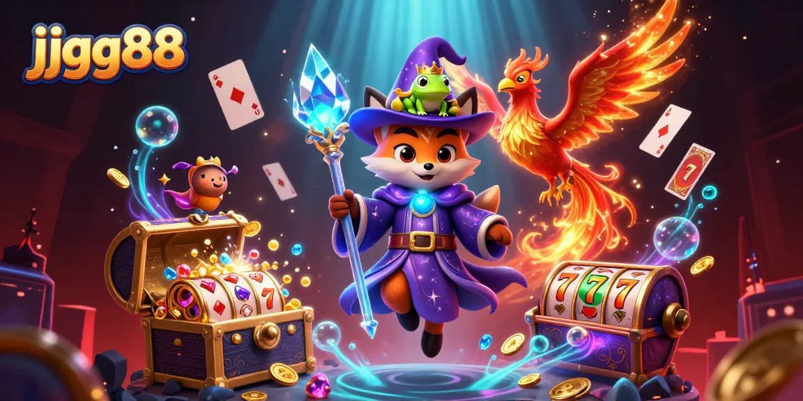 Engage in potential winnings with jjgg88, featuring vibrant gaming elements and mystical characters in an energetic casino scene.