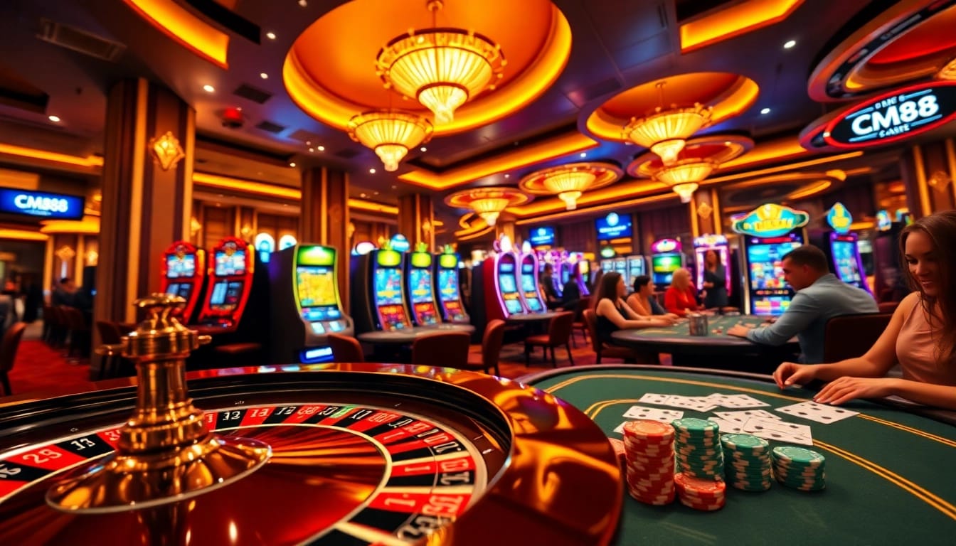 Players enjoying thrilling games at a casino, showcasing CM88 excitement with roulette and slot machines.