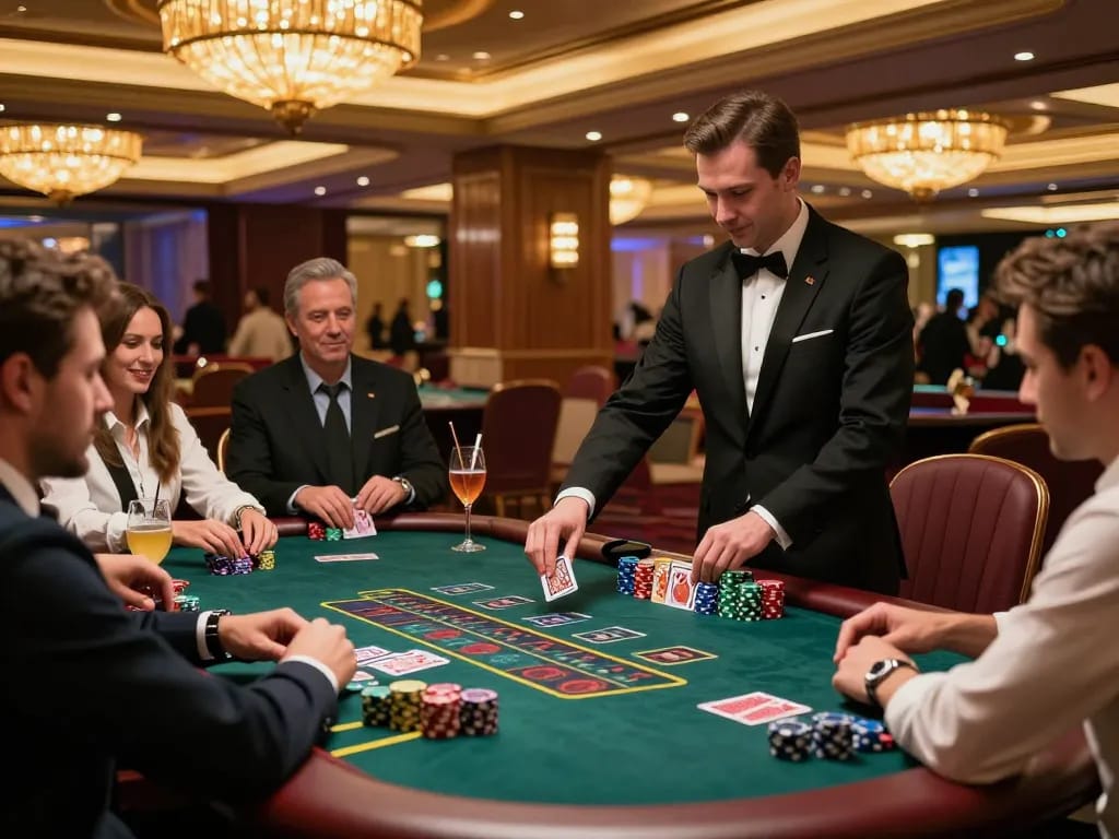 Players enjoying blackjack at a u888 casino table, showing strategic gameplay with cards and chips.