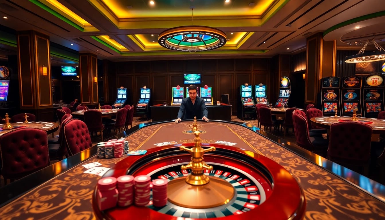 Experience LIÊN MINH KJC in a vibrant casino setting with thrilling table games and modern slot machines.