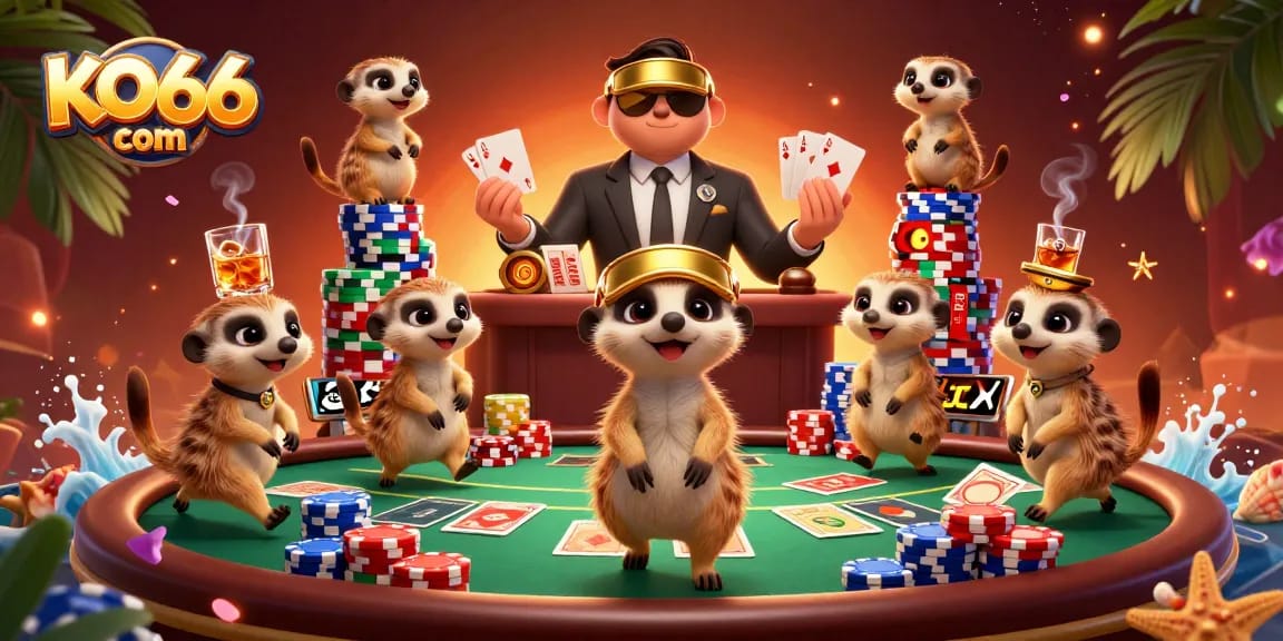 Enjoy exciting games at KO66 com with meerkats managing a vibrant casino scene.