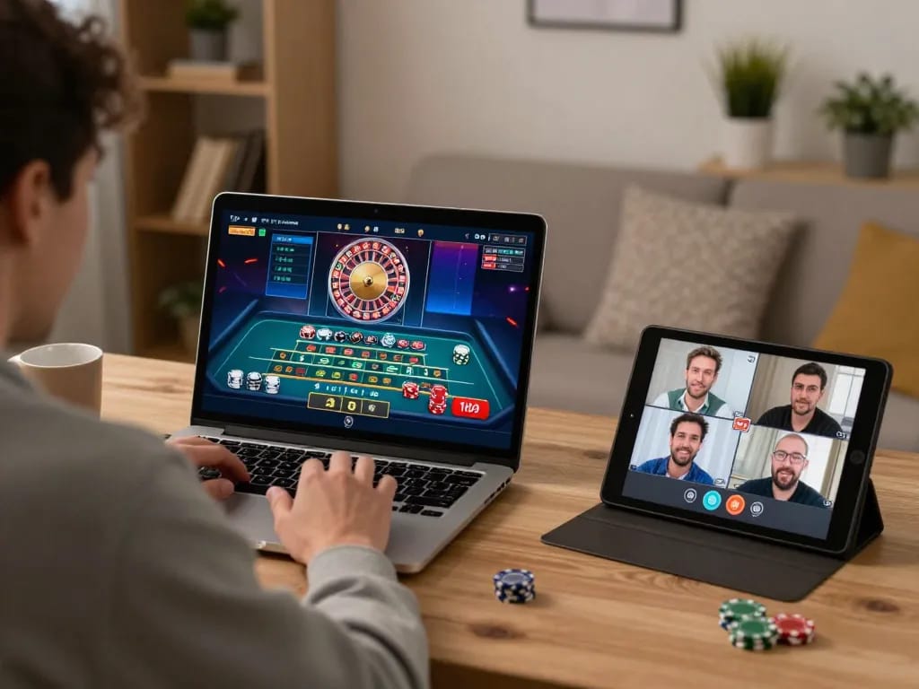 Engaging gaming session featuring cm88 online roulette on laptop with a cozy home office setup.