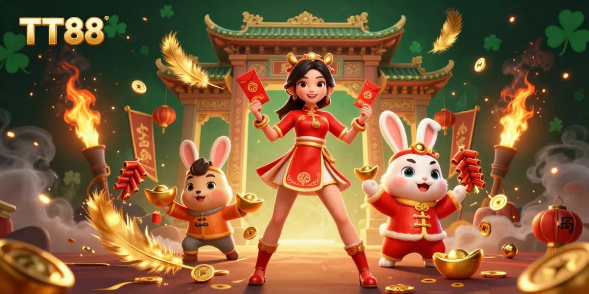 Experience winning at TT88 with vibrant Lunar New Year celebration and golden gambling symbols.