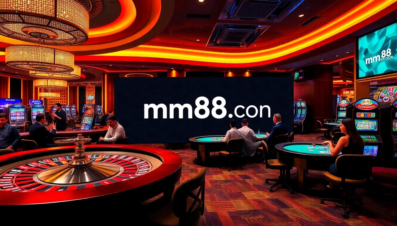 Engage in thrilling games at mm88.com, featuring vibrant casino tables and players immersed in the action.