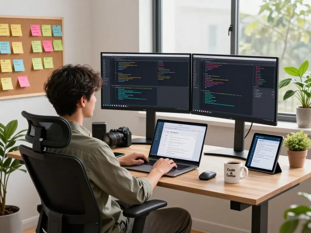 open claw software developer using dual monitors in a modern office