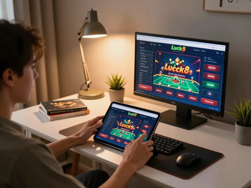 Engaging in strategic gameplay on trang chủ luck8 through a tablet in a cozy home setting.