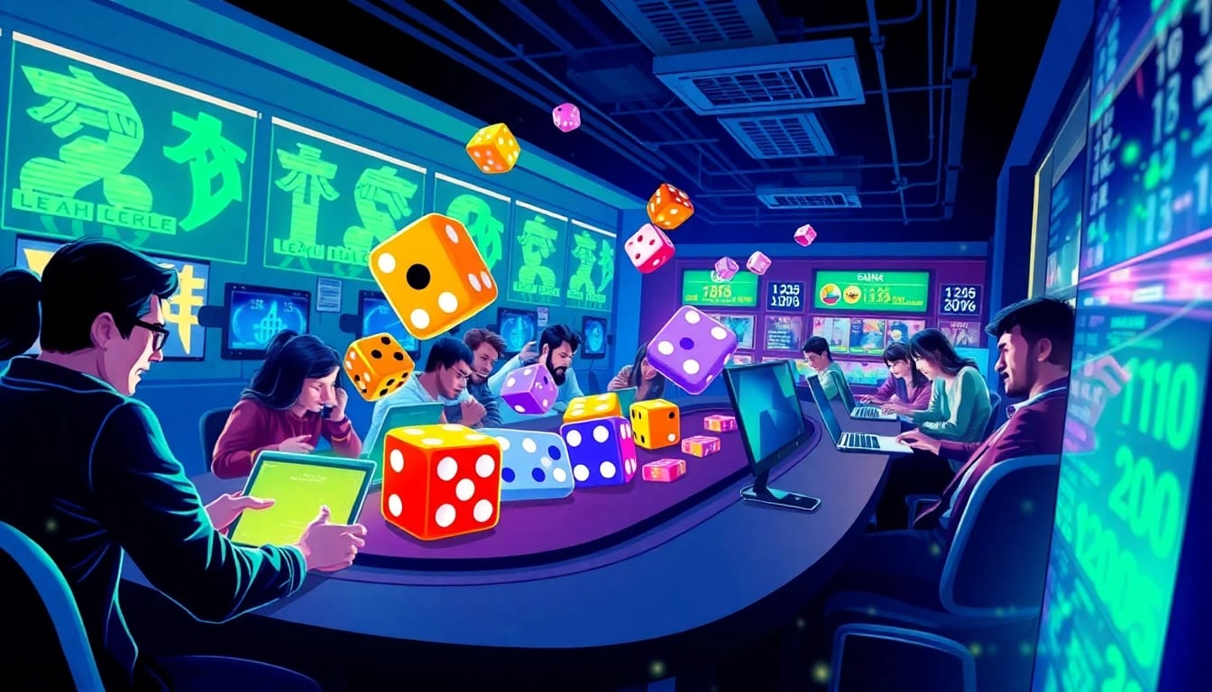 Tài Xỉu Online gaming environment with players and digital dice in a vibrant atmosphere.
