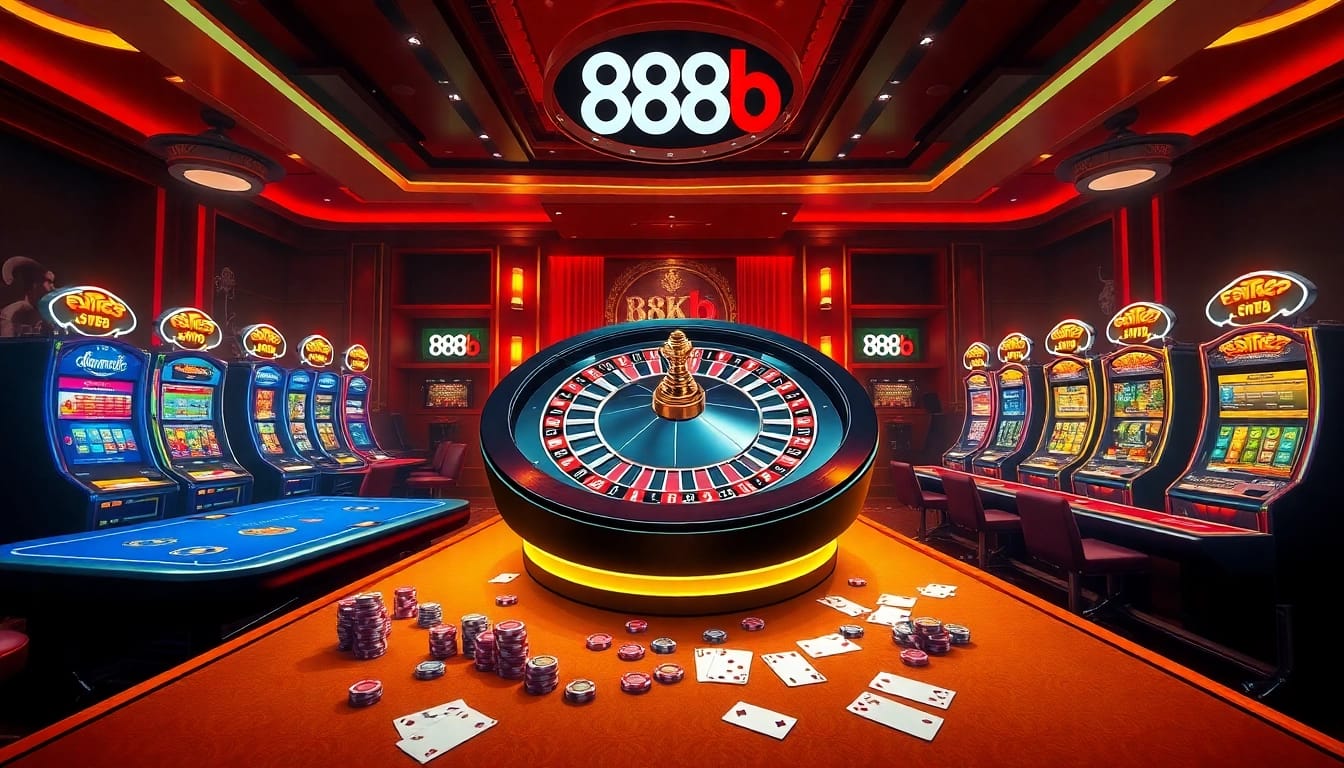 Engaging 888b gaming scene illustrating roulette, poker, and vibrant slot machines.