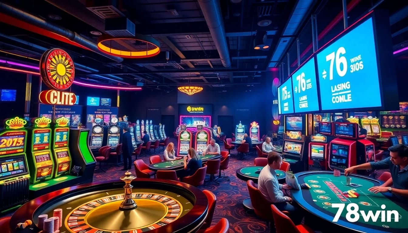 Exciting gaming scene at 78win casino with vibrant roulette and poker tables.