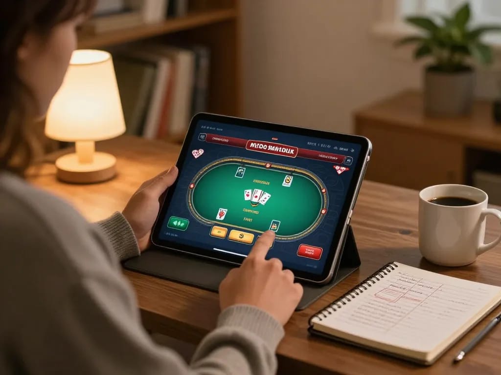 Player enjoying online gaming on a tablet with 88FC poker interface visible, promoting strategic casino enjoyment