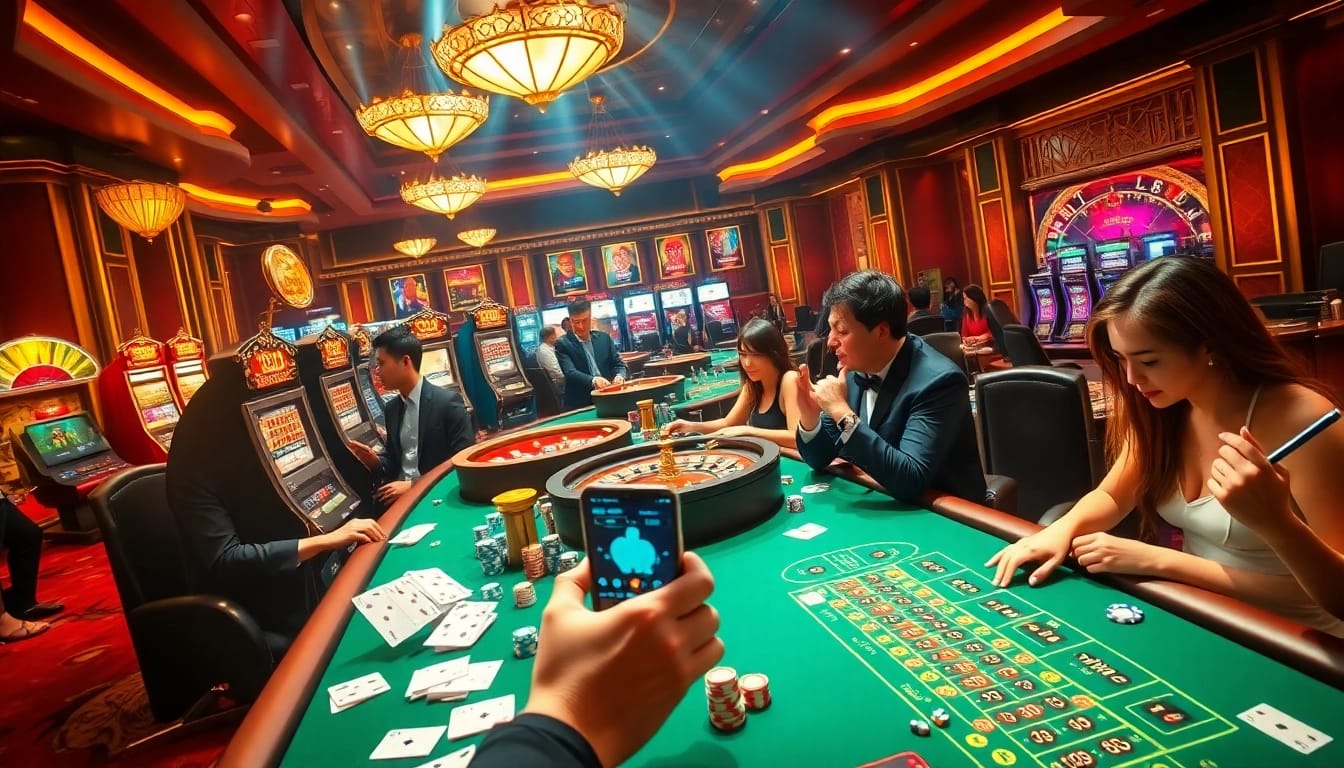 Players engaging with the 188bet app in an upscale casino, surrounded by vibrant gaming tables and thrilling atmosphere.