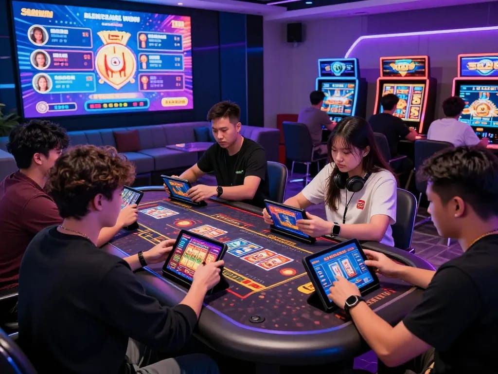 Engaging action scene of players immersed in Sunwin's online gaming, showing diverse individuals enjoying thrilling casino games in a vibrant atmosphere.