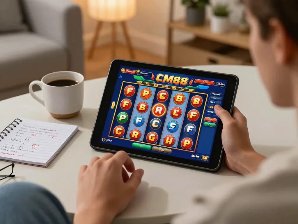 Engaging gameplay on CM88 slot game, showcasing colorful reels and winning moments in a cozy home environment.